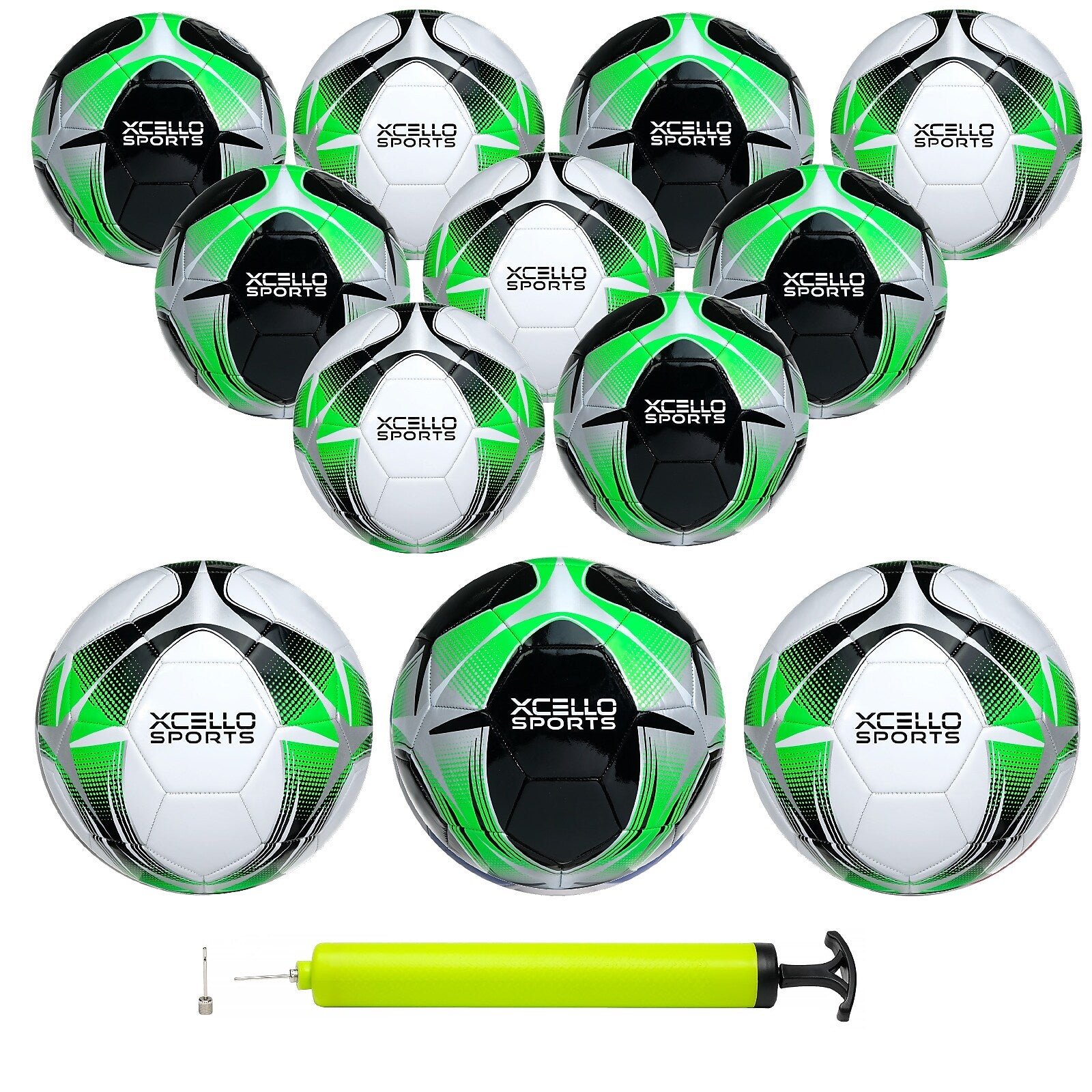 Xcello Sports Size 3 Soccer Balls with Pump, Black/Green/Silver and White/Green/Silver, 12/Pack (SB-S3-12-ASST-7)