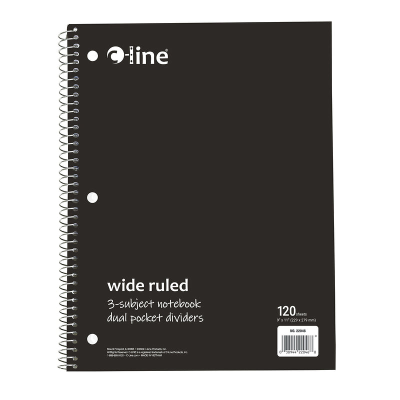 C-Line 3-Subject Notebooks, Wide Ruled, 120 Sheets, Assorted Colors, 3/Bundle (CLI22046-3)