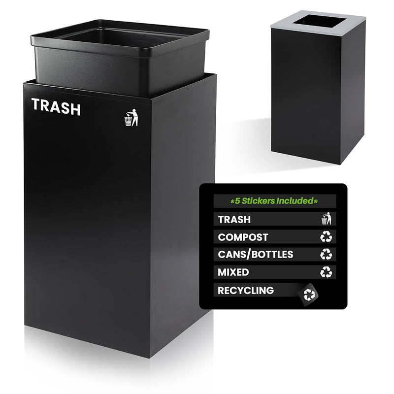 Alpine Industries Steel Trash Can with Square Lid, 29 Gallon, Black (ALP4450-KIT-BLK-S-TR)