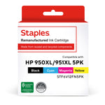 Staples Remanufactured Black/Cyan/Magenta/Yellow High Yield Ink Cartridge Replacement for HP 950XL/951XL, 5/Pack