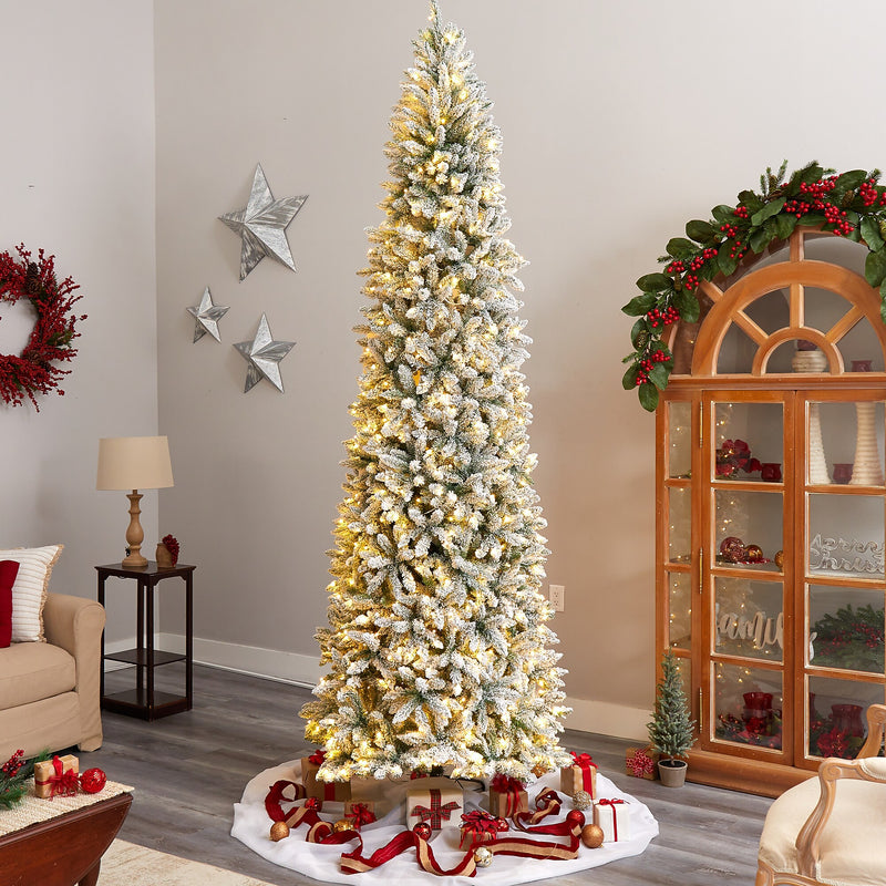 Nearly Natural 10-ft Slim Flocked Montreal Fir Artificial Christmas Tree with 800 Warm White LED Lights (T3314)