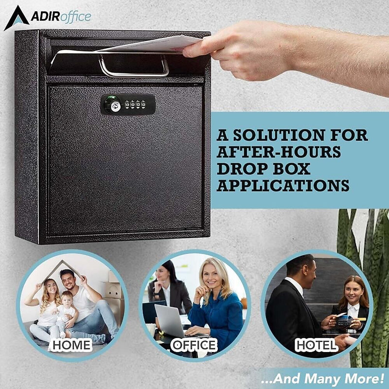 AdirOffice Steel Combination Locking Wall Mounted Interoffice Drop Box Mailbox, Medium, Black (631-05-BLK-KCPK)