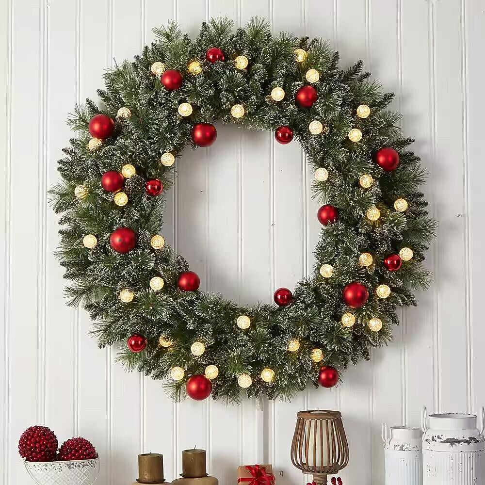 Nearly Natural 4-ft Oversized Pre-Lit Frosted Holiday Christmas Wreath with Ornaments and 40 LED Globe Lights (W1275)