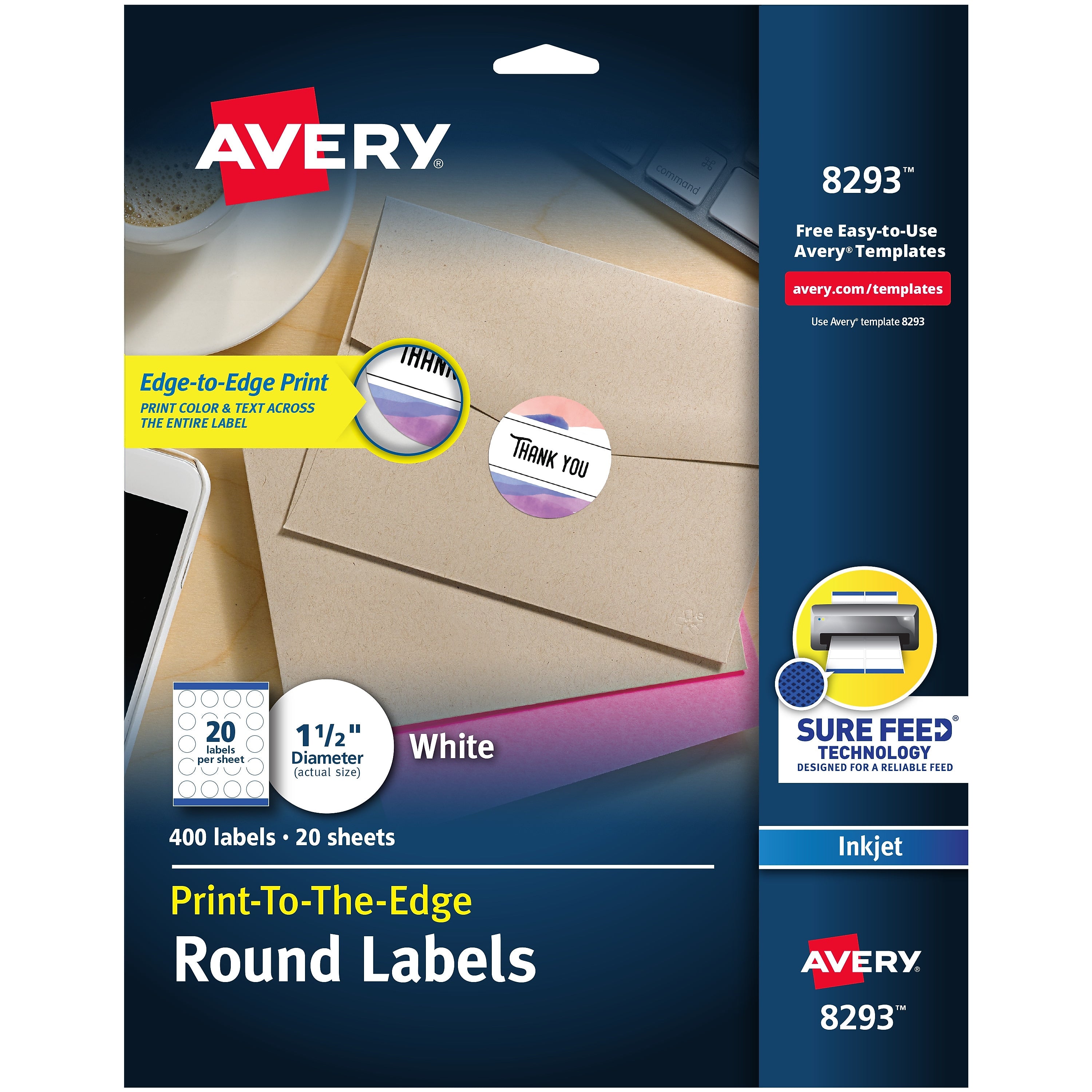 Avery Print-to-the-Edge Inkjet Round Labels, 1 1/2" Dia, White, 400 Labels/Pack (8293)