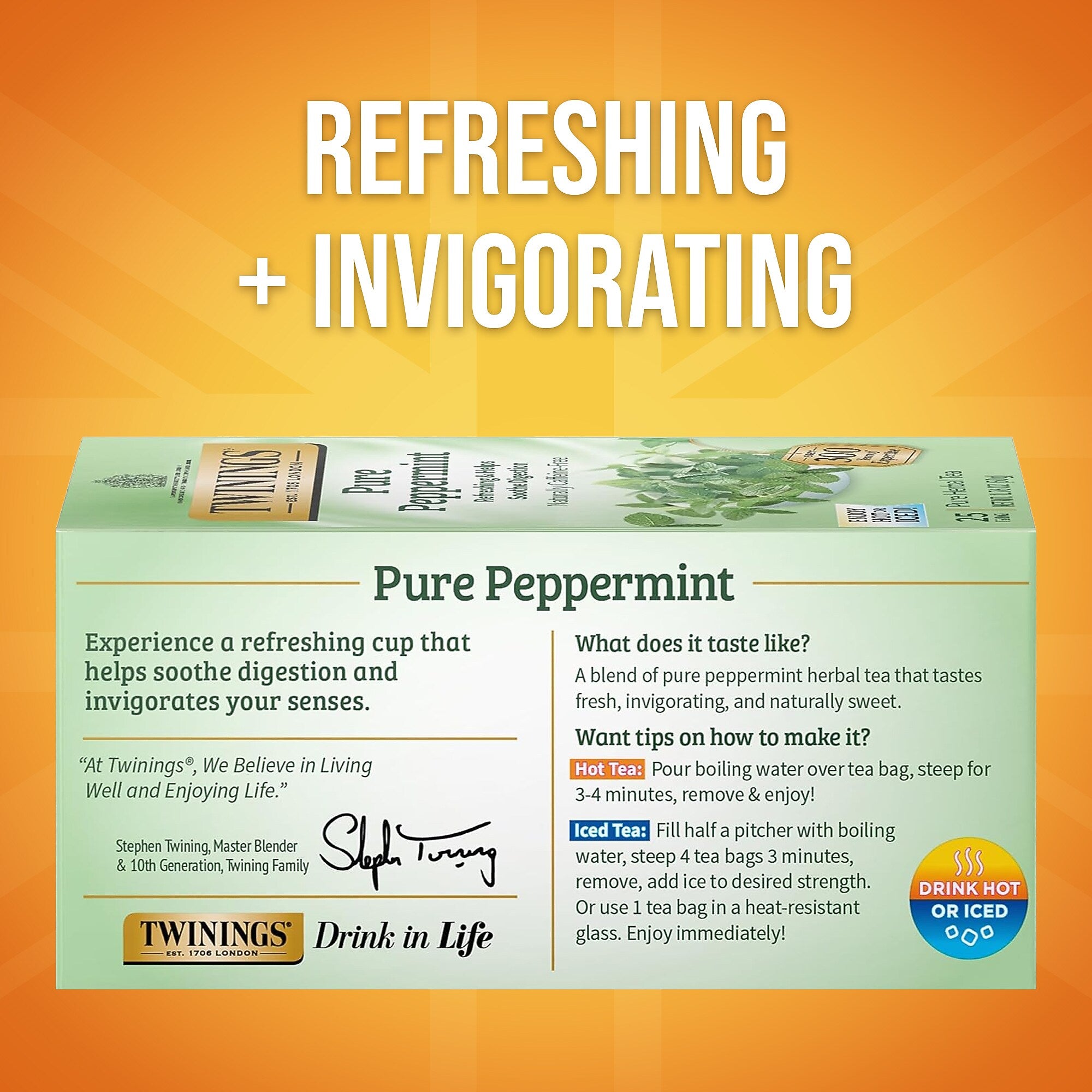 Twinings Pure Peppermint Herbal Caffeine Free Tea Bags, 25/Box (TNA51724)