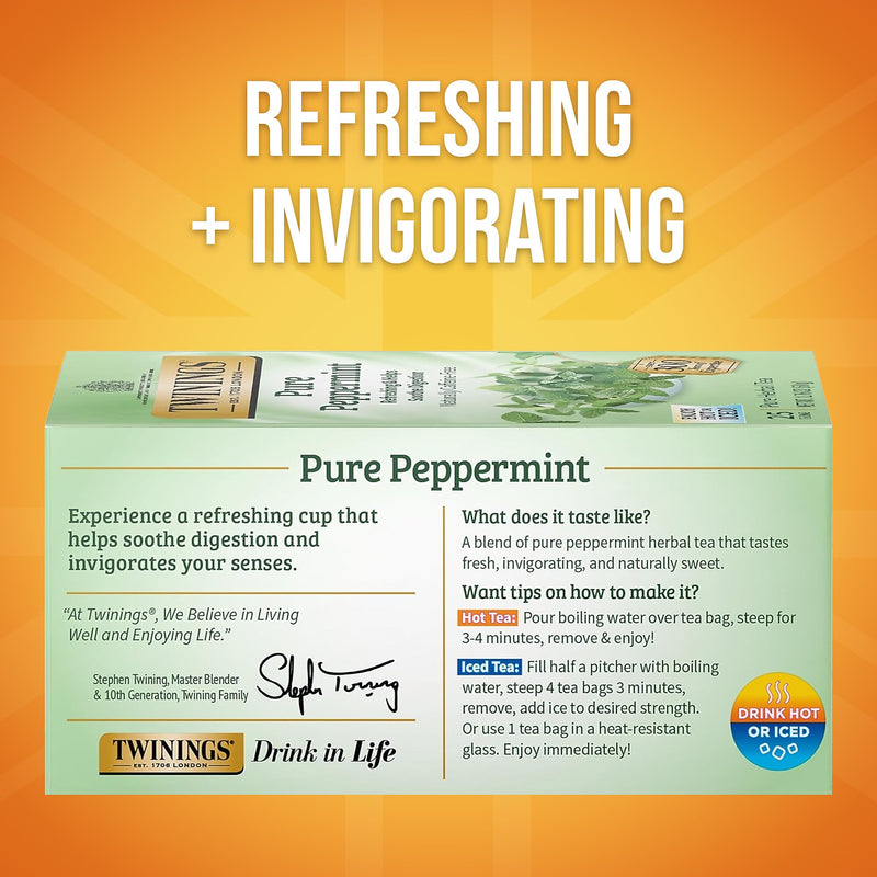 Twinings Pure Peppermint Herbal Caffeine Free Tea Bags, 25/Box (TNA51724)