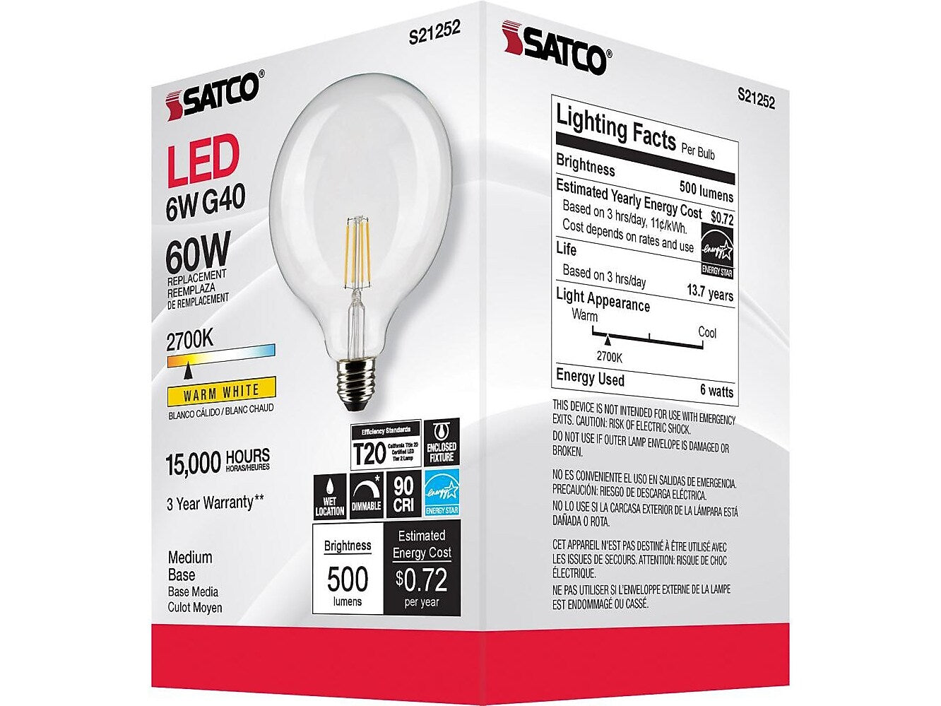 Satco Lighting 6-Watt Warm White LED Decorative Bulb, 6/Carton (S21252)