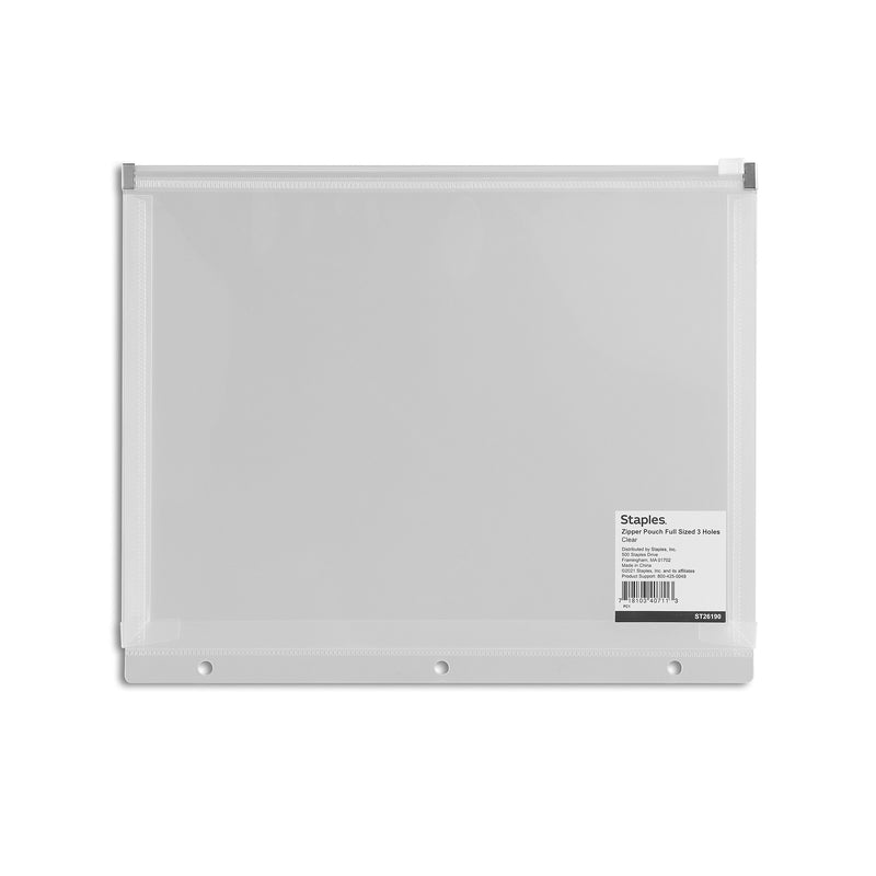 Staples Poly Zipper Pouch, 3-Hole Punched, Clear (ST26190-CC)