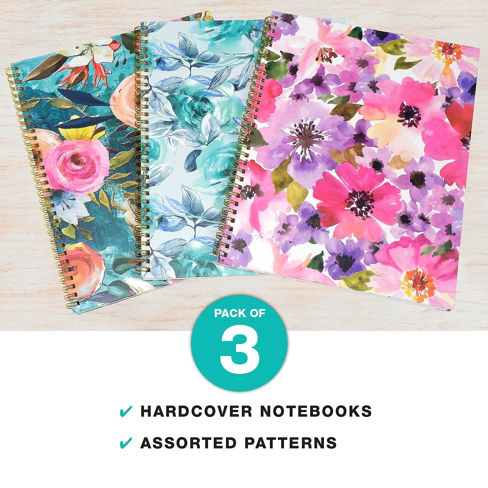 Global Printed Products 1-Subject Notebooks, 8.5"x11", College Ruled, 120 Sheets, Floral, 3/Pack (GPP-0104-A)