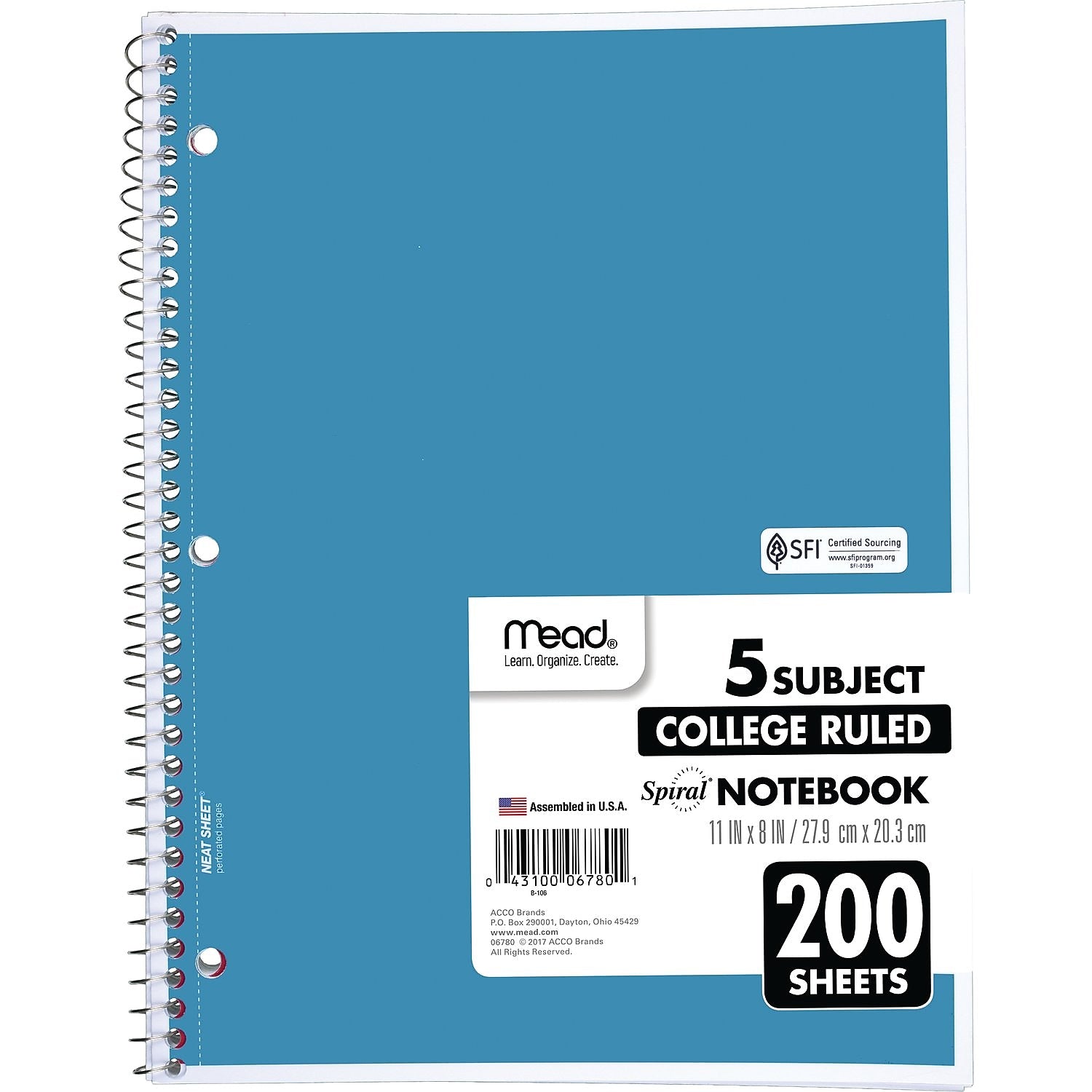 Mead 5-Subject Notebook, 8.5" x 11", College Ruled, 200 Sheets, Assorted Colors (06780)