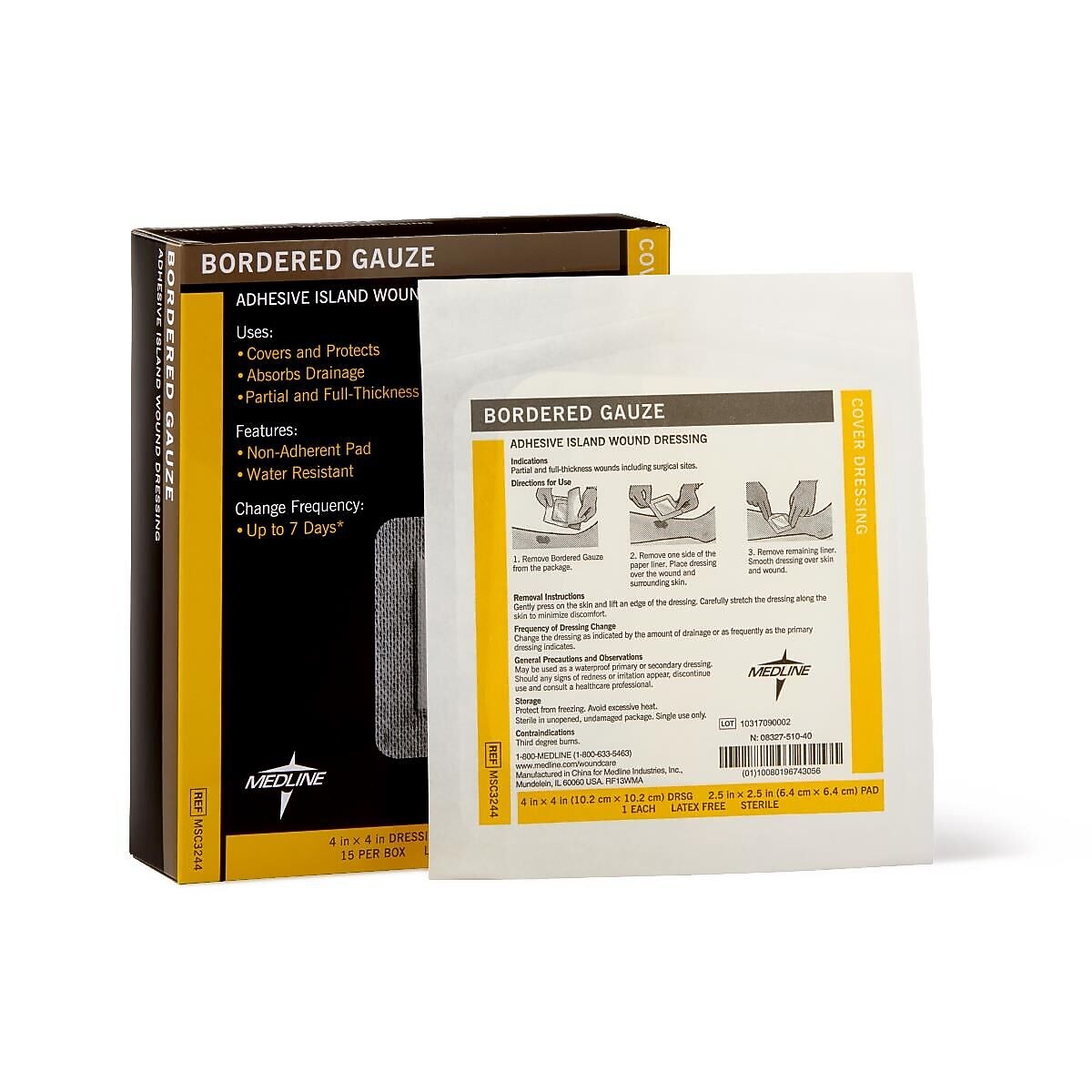 Medline Bordered Gauze Adhesive Island Wound Dressing, 4" x 4", 15/Box (MSC3244Z)