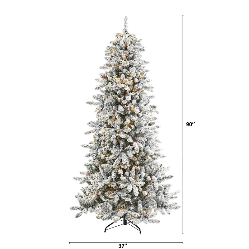 Nearly Natural 7.5-ft Flocked Livingston Fir Artificial Christmas Tree with Pine Cones and 500 Clear Warm LED Lights (T1613)