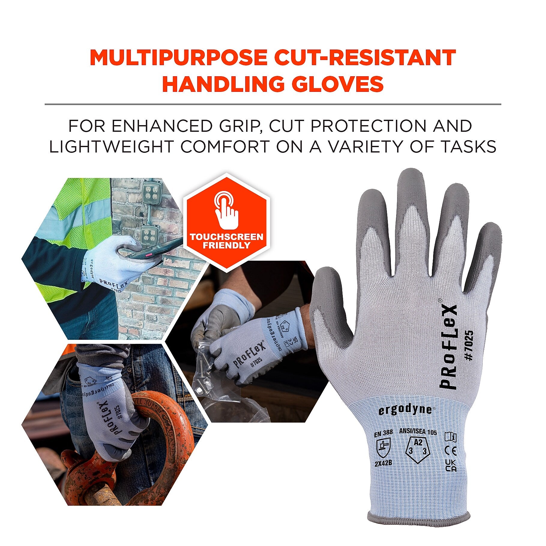 Ergodyne ProFlex 7025 PU Coated Cut-Resistant Gloves, ANSI A2, Blue, Large, 1 Pair (10434)