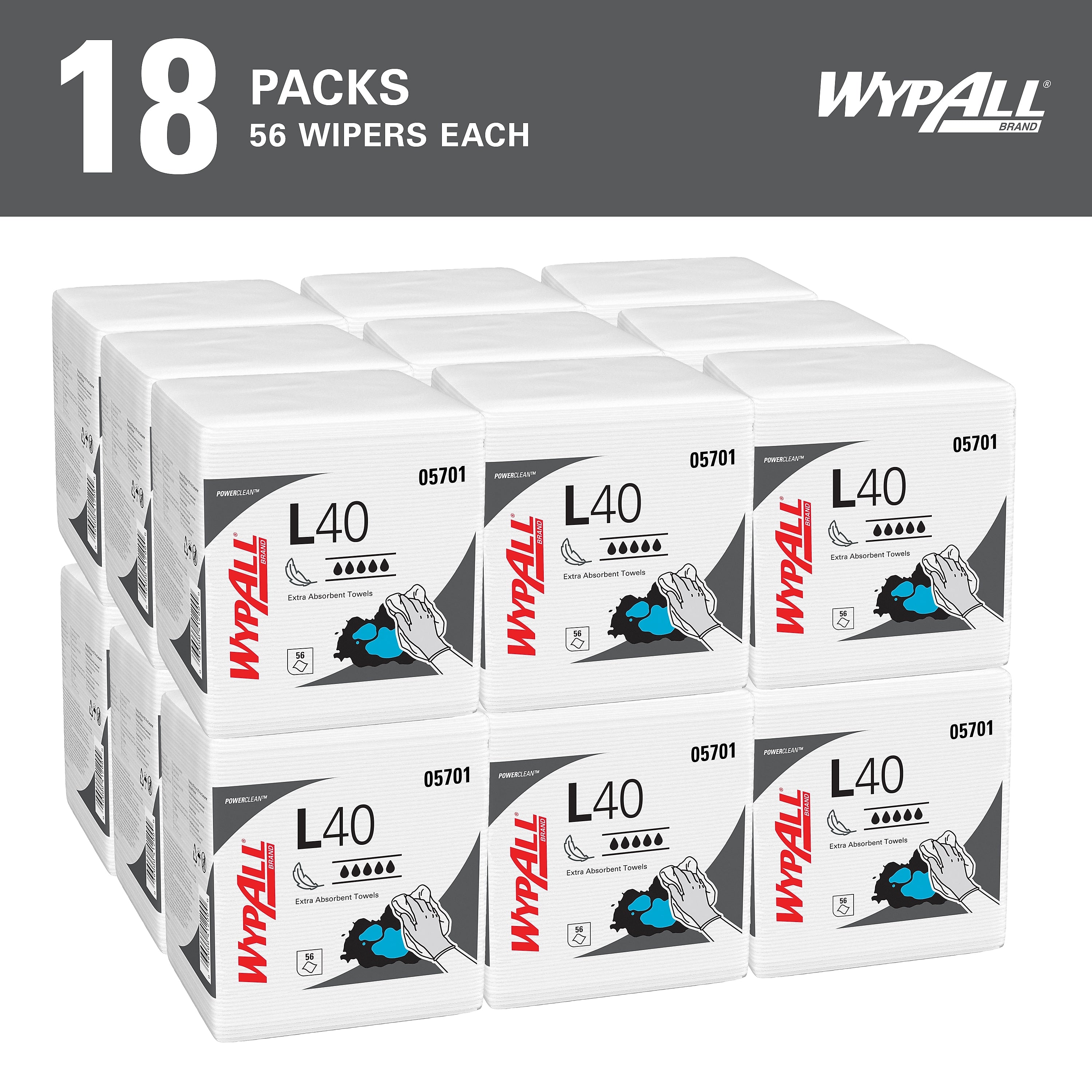 WypAll PowerClean L40 Cellulose Cleaning Wipers, 12" x 12.5", White, 56 Wipers/Box, 18/Carton (05701)