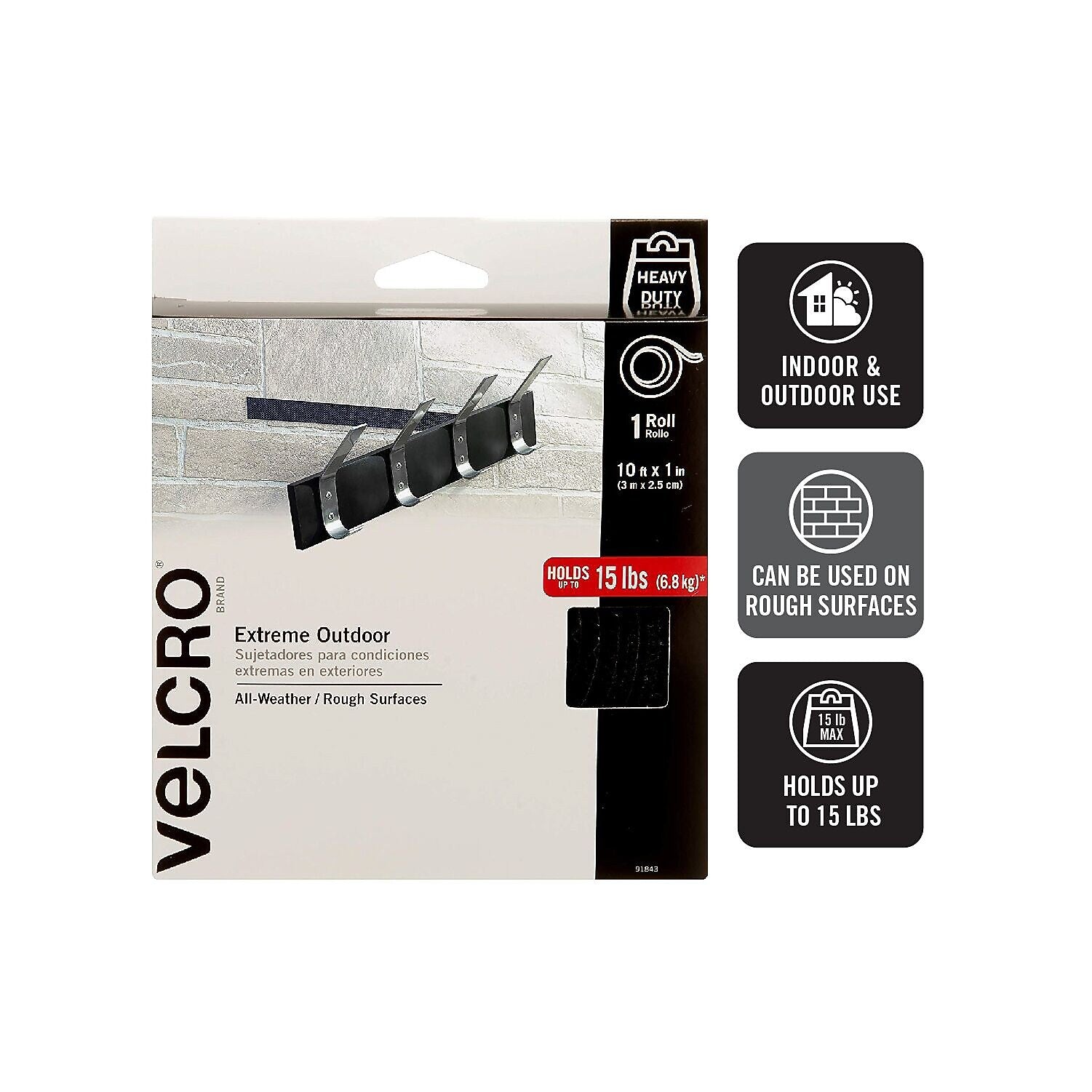 Velcro Extreme Fasteners, 1" x 10', Black (VEL91843)