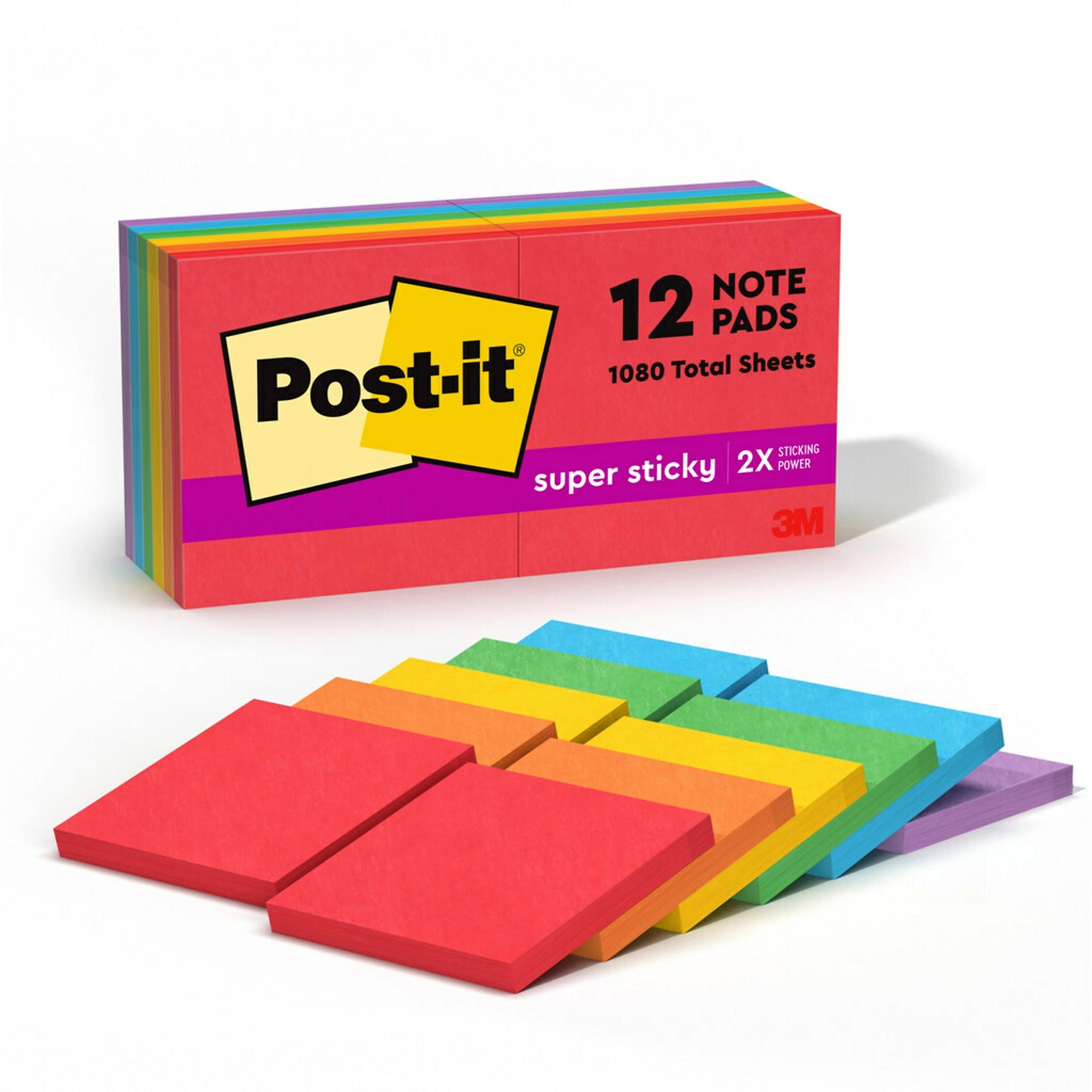 Post-it Super Sticky Notes, 3" x 3", Playful Primaries Collection, 90 Sheet/Pad, 12 Pads/Pack (65412SSAN)
