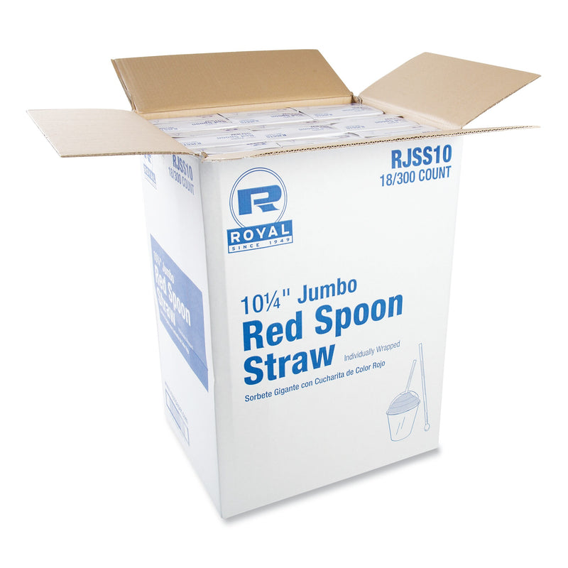 AmerCareRoyal Jumbo Spoon Straw, 10.25", Plastic, Red, 300/Pack, 18 Packs/Carton