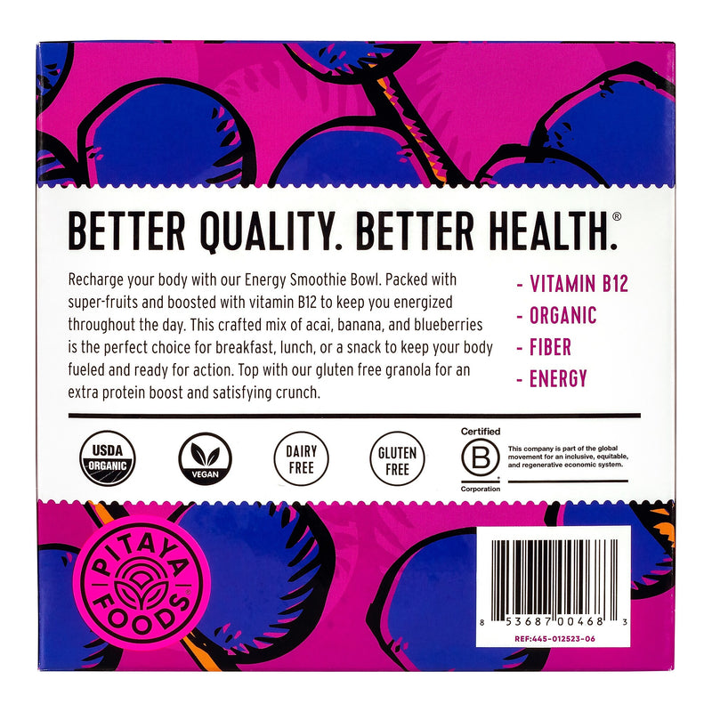 Pitaya Foods Organic Acai, Blueberry & Banana Acai Bowl, Energy, 6 oz, 6/Pack (220-02481)
