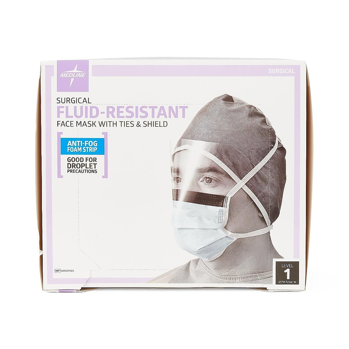 Medline ASTM L1 Surgical Mask with Anti-Fog Eye Shield with Ties, Blue, 25/Box, 4 Boxes/Carton (NON27405)