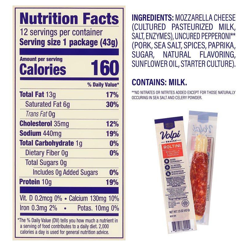 Volpi Roltini Singles, Uncured Pepperoni & Mozzarella, 1.5 oz, 24/Pack (220-02486)