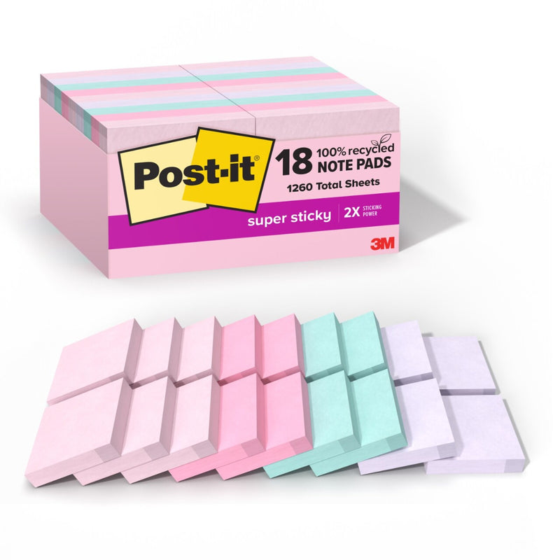 Post-it Recycled Super Sticky Pop-up Notes, 1 7/8" x 1 7/8", Wanderlust Pastels Collection, 70 Sheet/Pad, 18 Pads/Pack