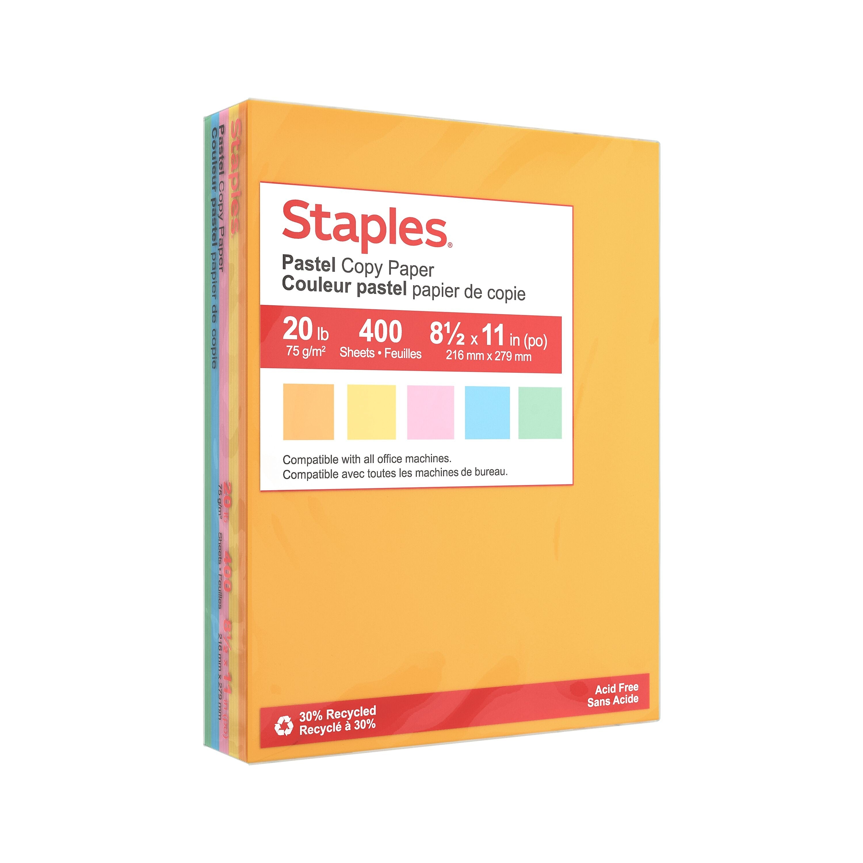 Staples Recycled Pastel Multipurpose Paper, 20 lbs., 8.5" x 11", Assorted Colors, 400 Sheets/Ream (14804)