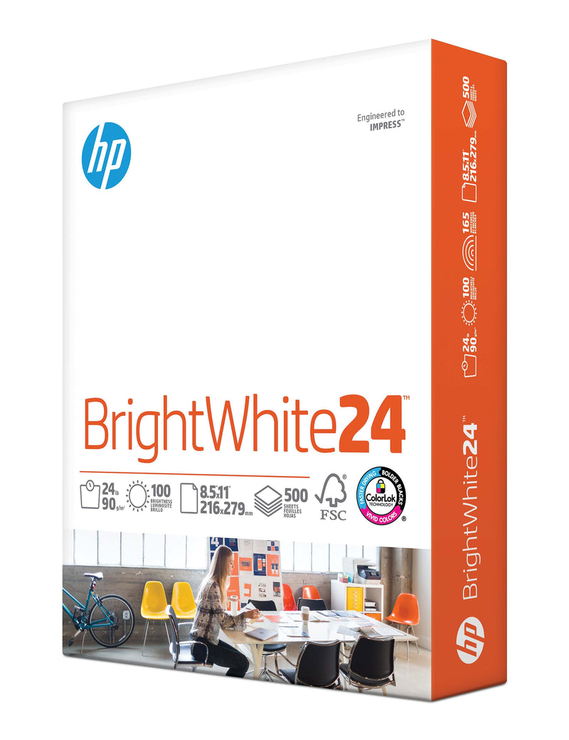 HP BrightWhite24 8.5" x 11" Inkjet Paper, 24 lbs., 100 Brightness, 500 Sheets/Ream (HPB1124)