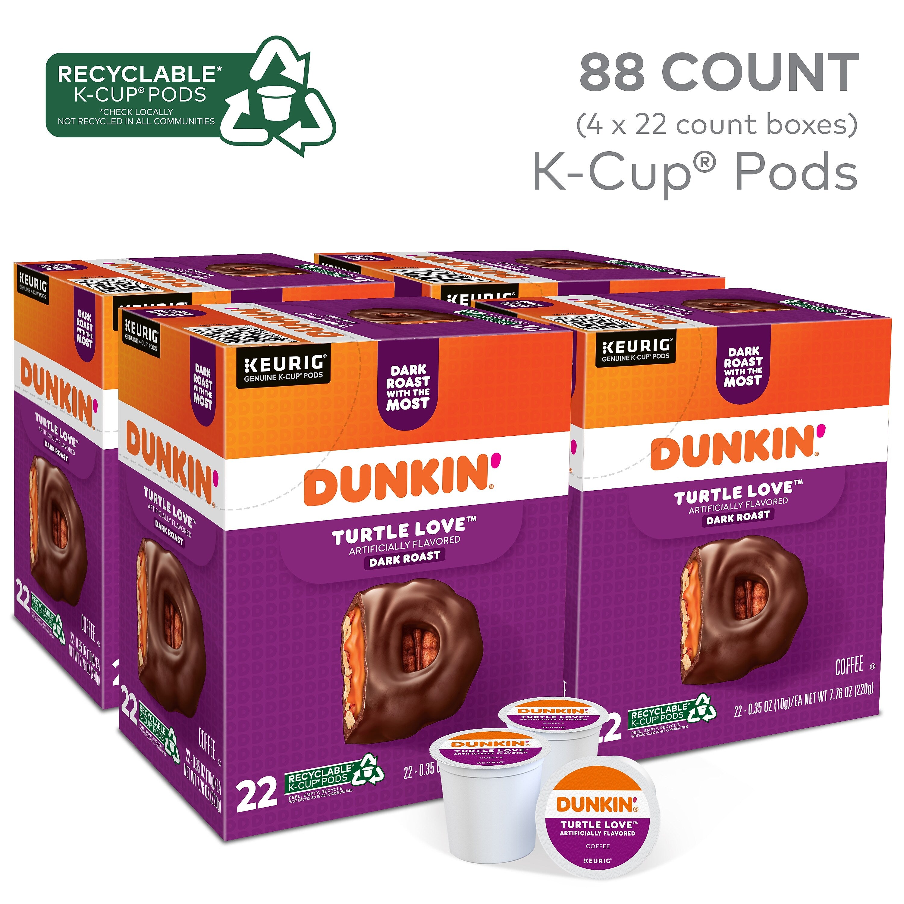 Dunkin' Turtle Love Coffee, Keurig K-Cup Pod, Dark Roast, 22/Box, 4 Boxes/Carton (5000367615CT)