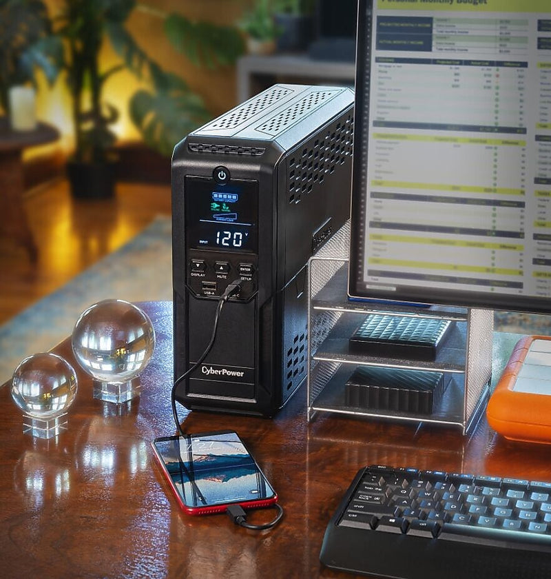 CyberPower Intelligent LCD UPS System, 1500VA/900W, 12 Outlets, 2 USB Ports, AVR, Mini Tower, Black (CP1500AVRLCD3)