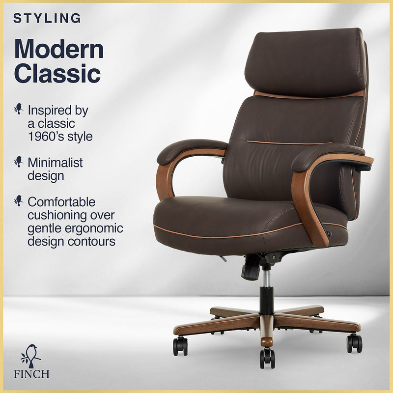 Finch NEO TWO Ergonomic Vegan Leather/Wood Swivel Executive Chair, Brown (52373-BRN)