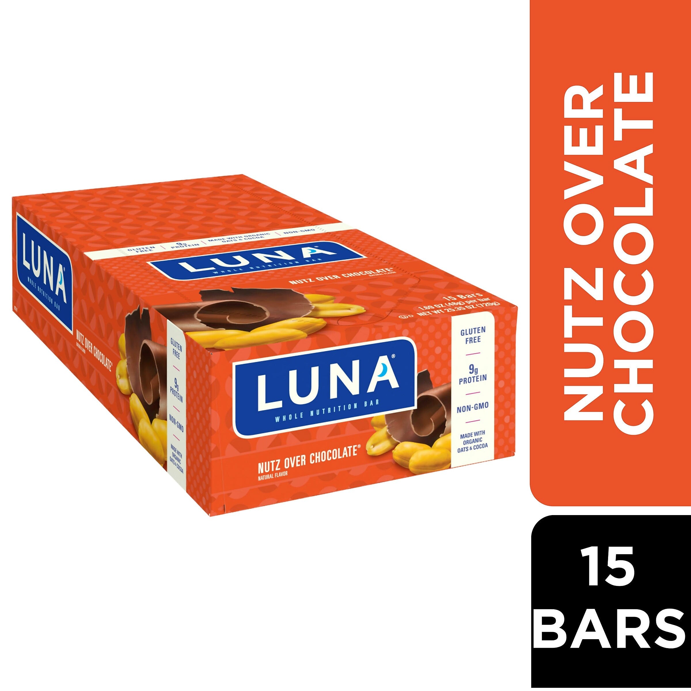 LUNA Nutz Over Chocolate Gluten Free Chocolate Nuts Granola Bar, 1.69 oz., 15 Bars/Box (CCC30310)