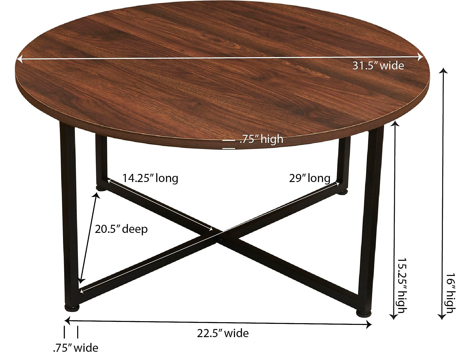 Household Essentials Jamestown 31.5"Dia. Laminate Round Coffee Table, Mid-Century Walnut/Black (8129-1)