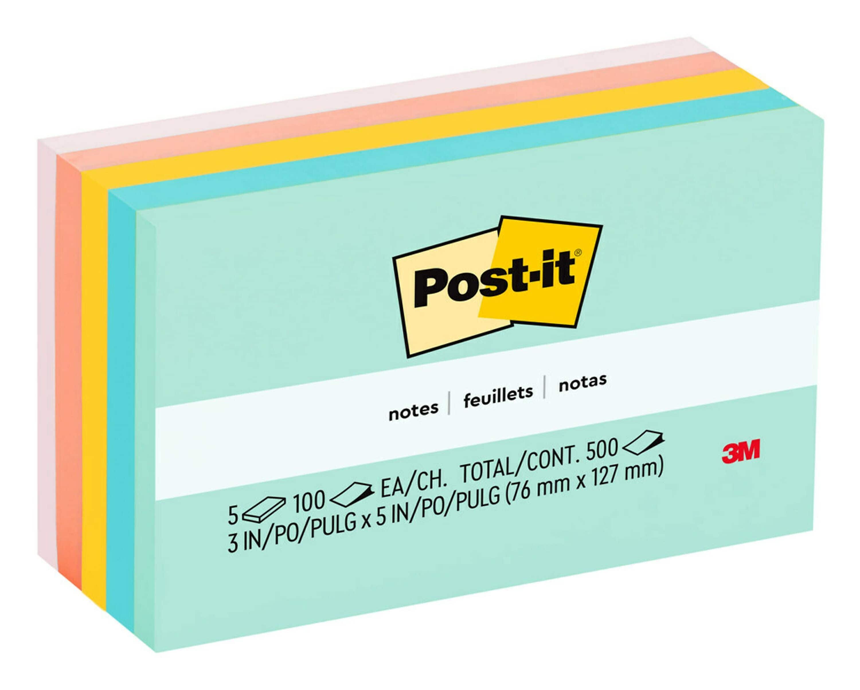 Post-it Notes, 3" x 5", Beachside Café Collection, 100 Sheet/Pad, 5 Pads/Pack (655AST)