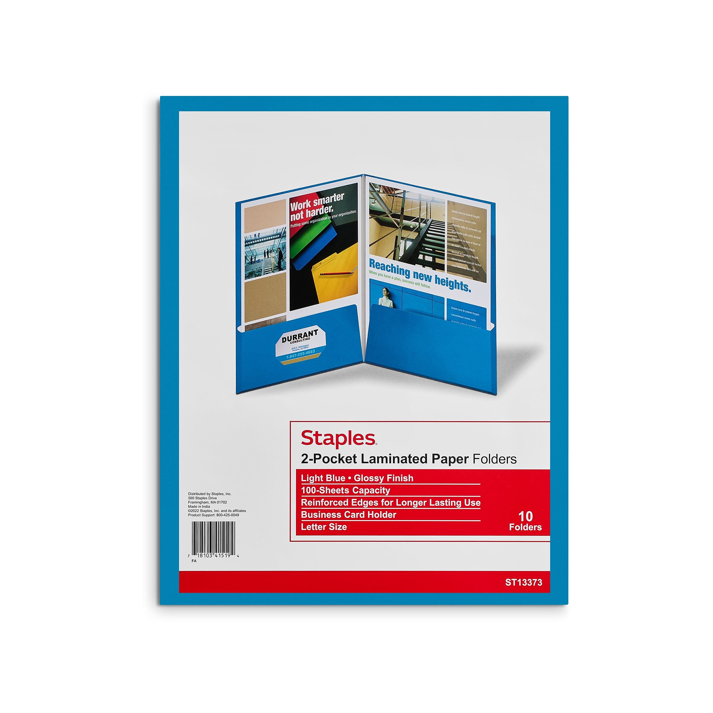 Staples Glossy 2-Pocket Paper Folder, Light Blue, 10/Pack (13373-CC)