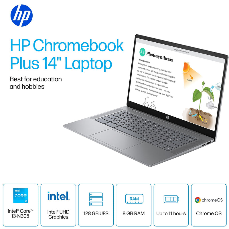 HP Chromebook Plus 14" FHD, Intel Core i3-N305, 8GB RAM, 128GB UFS, +11 Hour Battery, Chrome OS