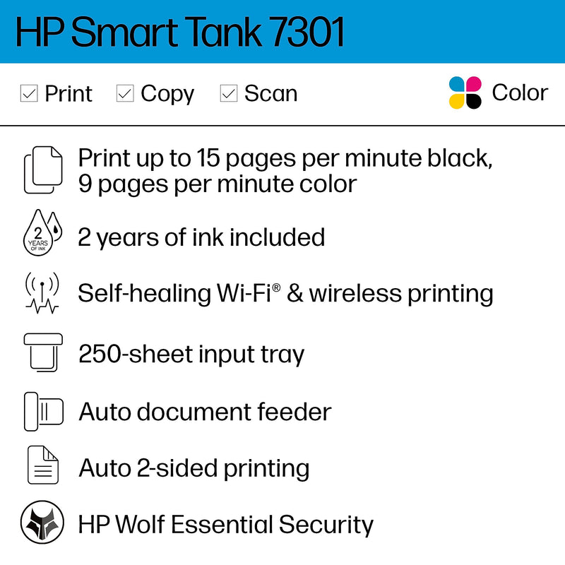 HP Smart Tank 7301 Wireless All-in-One Color Ink Tank Printer Scanner Copier, 2 years ink included (28B70A)