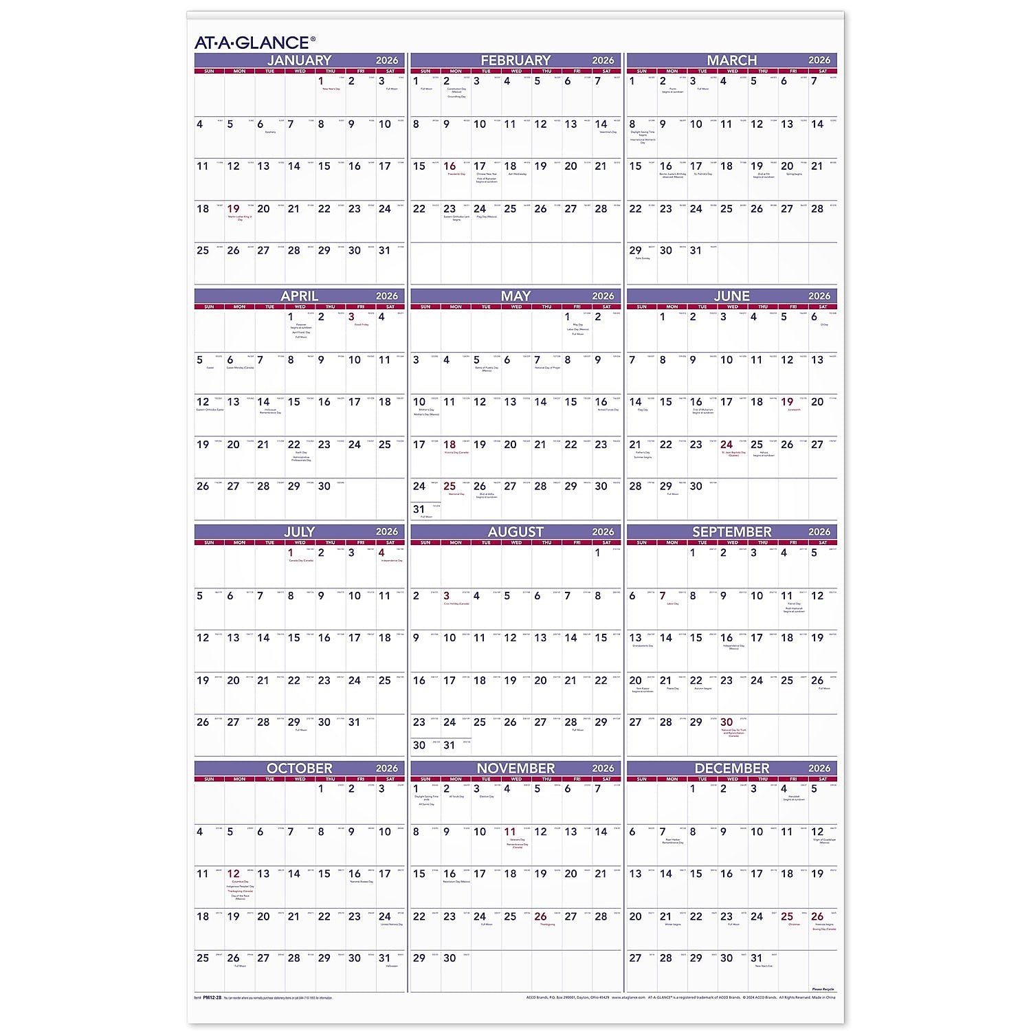 2026 AT-A-GLANCE 24" x 36" Yearly Wall Calendar, White/Purple (PM12-28-26)