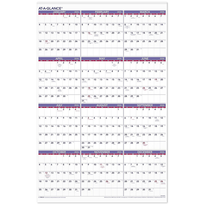2026 AT-A-GLANCE 24" x 36" Yearly Wall Calendar, White/Purple (PM12-28-26)