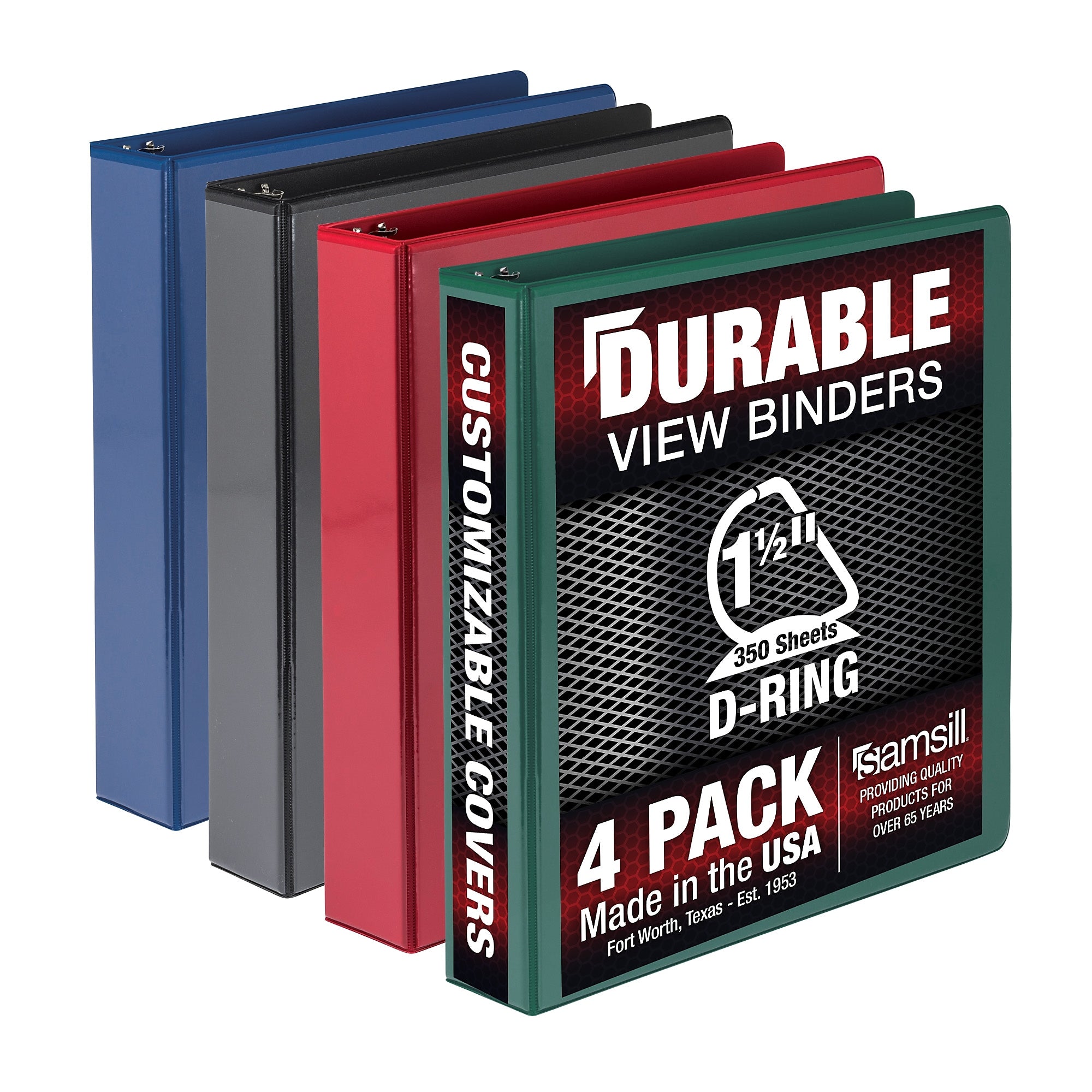 Samsill Durable 1.5" View Binders, D-Ring, Made in USA, Black, Blue, Red, Green, 4/Pack (MP46458)
