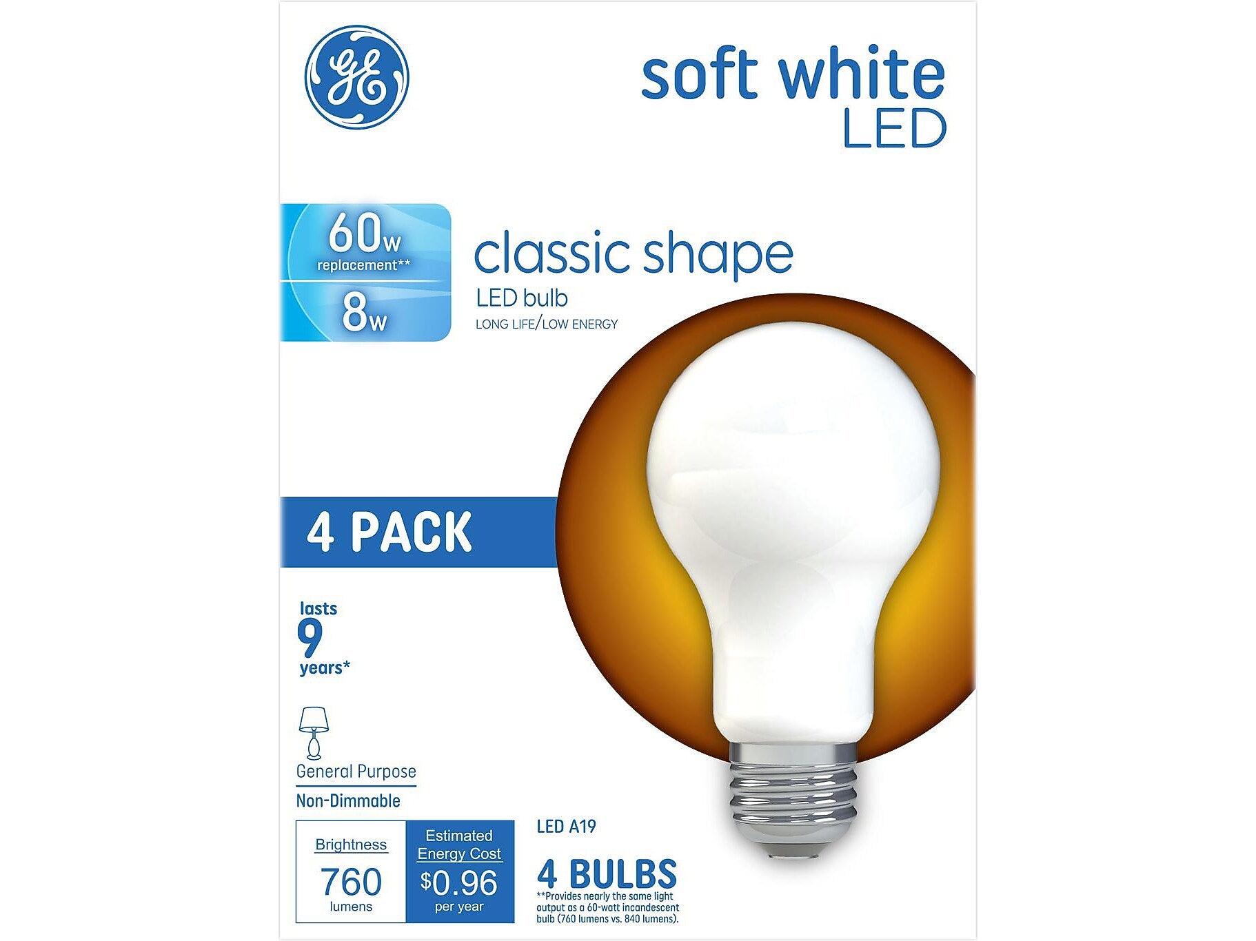 GE 8-Watt Soft White LED Bulb, 4/Pack (99190)