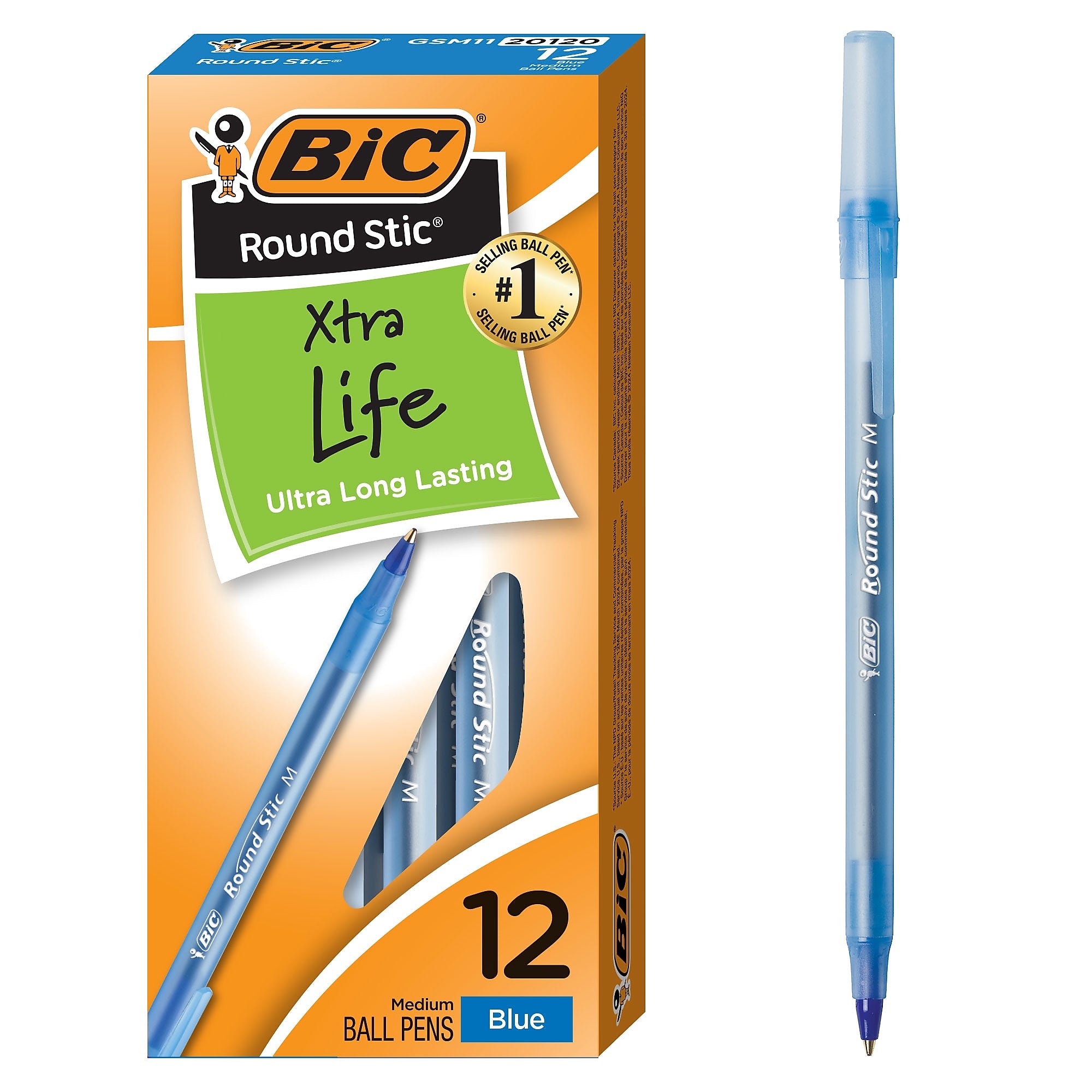 BIC Round Stic Xtra-Life Ballpoint Pen, Medium Point, 1.0mm, Blue Ink, Dozen (20120/GSM11BL)