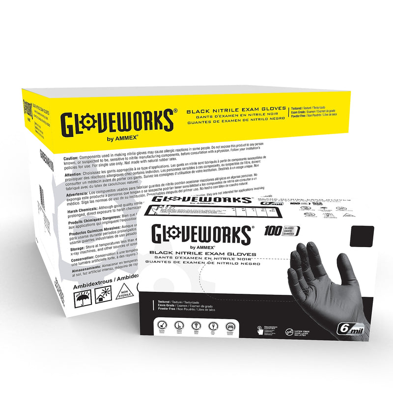 Gloveworks GWBEN Nitrile Exam Gloves, 2X-Large, Black, 100/Box, 10 Boxes/Carton (GWBEN49100XX)