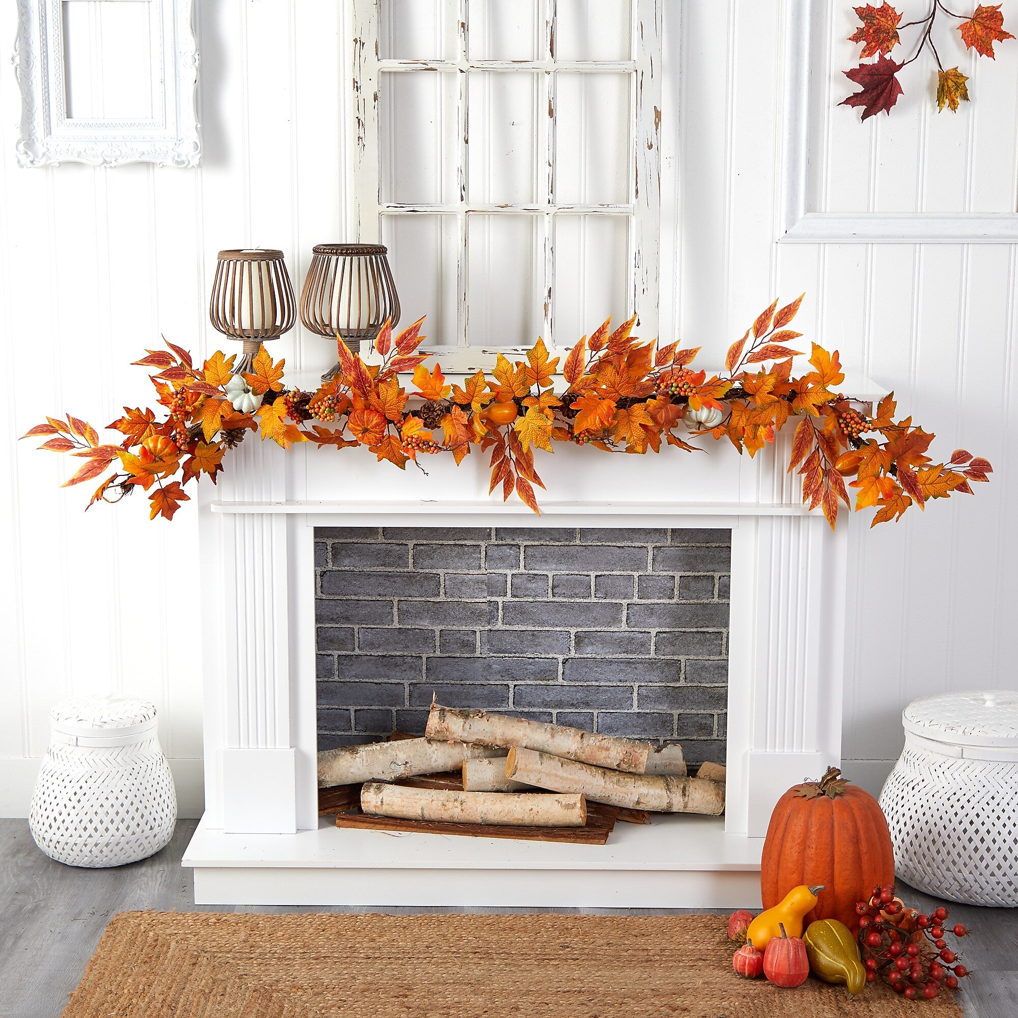 Nearly Natural 6' Assorted Autumn Maple Leaves, Pumpkins, Gourds, Berries and Pinecone Artificial Fall Garland (W1217)
