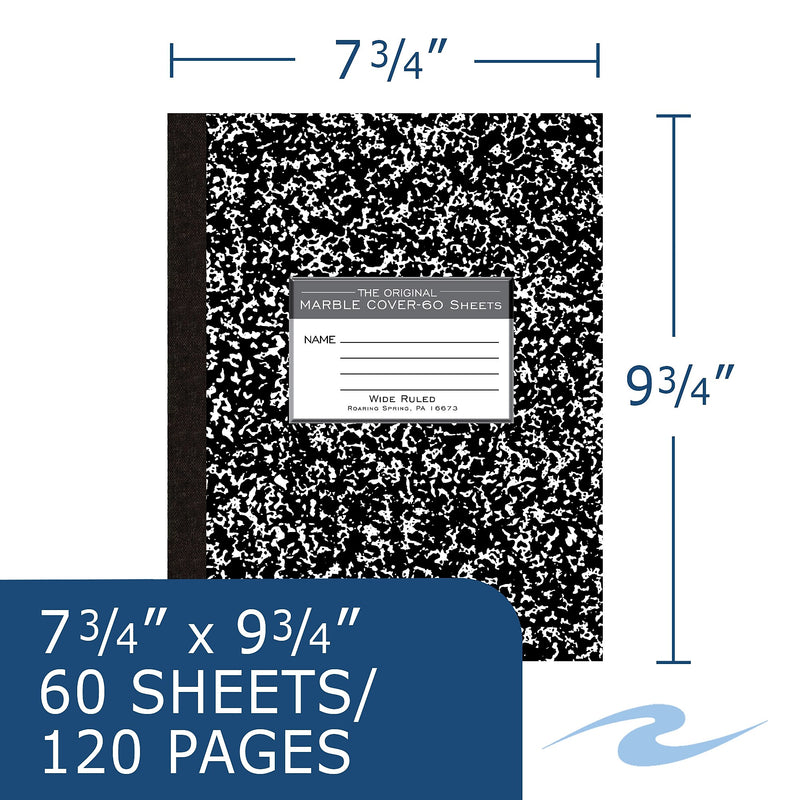 Roaring Spring Paper Products 1-Subject Composition Notebooks, 8" x 10", Wide Ruled, 60 Sheets, Black (77505)