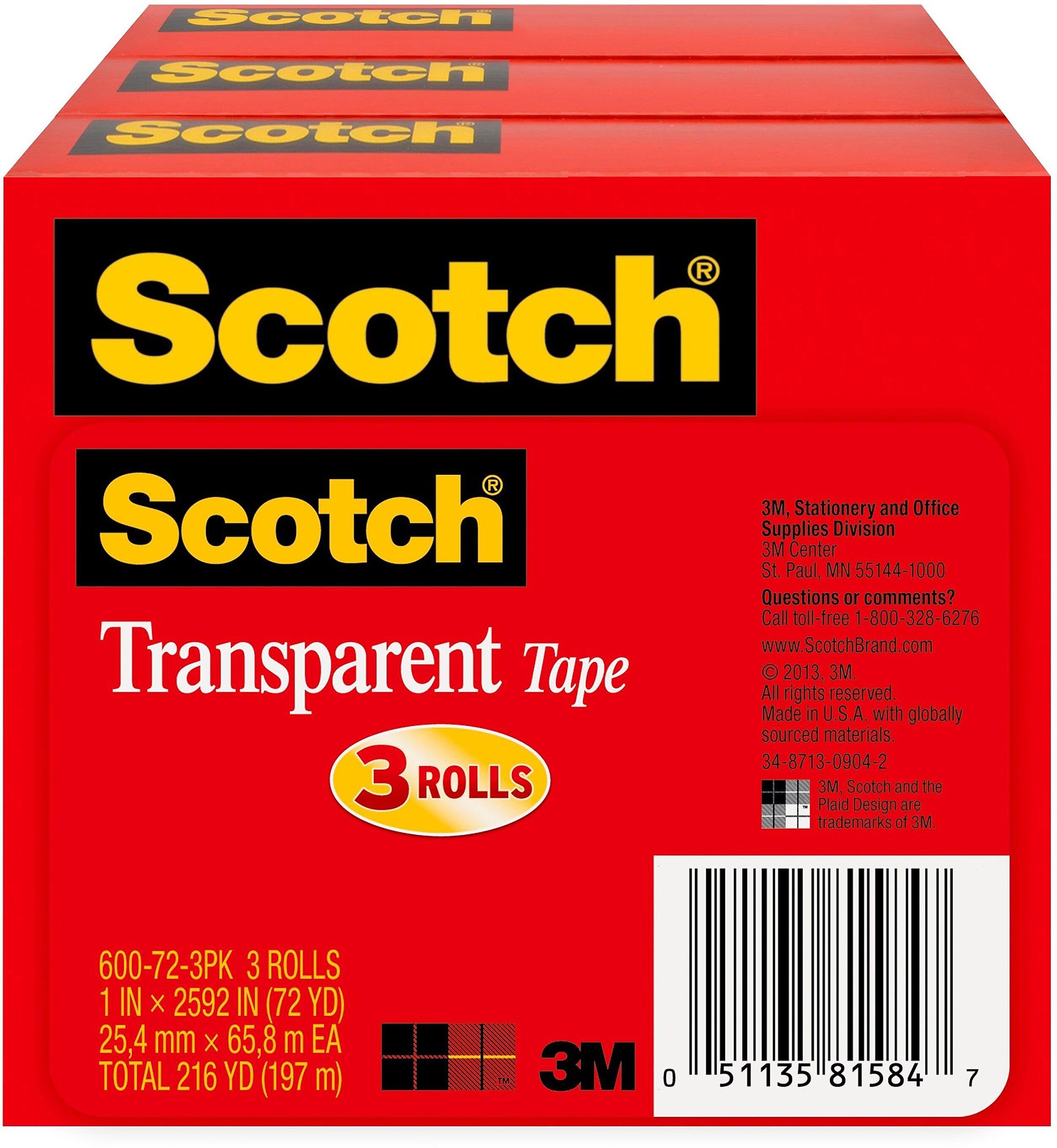 Scotch Transparent Clear Tape Refill, 1" x 72 yds., 3" Core, Clear, 3 Rolls/Pack (600-72-3PK)