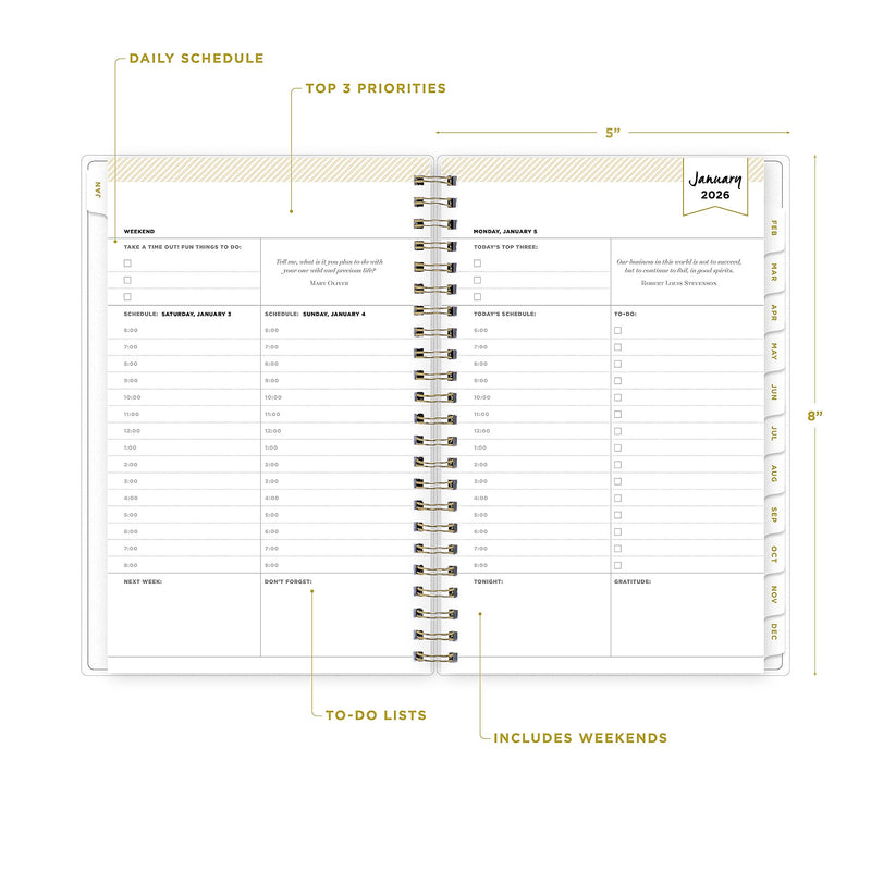 Planning Calendar DD Rugby Stripe Navy Frosted PP 5x8 RY26 Daily/Mthly Safety Wirebound -