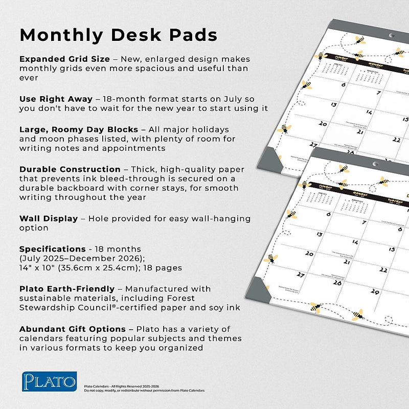 2025-2026 Plato Busy Bees 14" x 10" Academic Monthly Desk Pad Calendar (9798330700035)