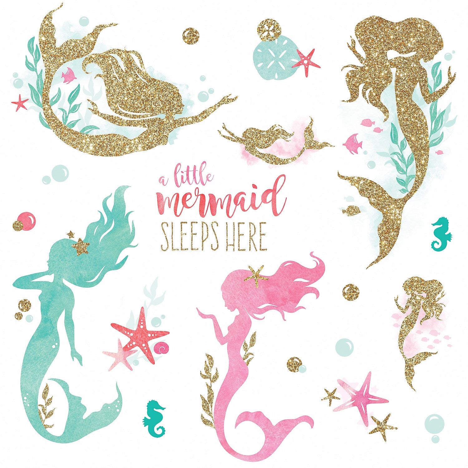 York Wallcoverings Mermaid With Gltter Children's Decals, Fantasy (RMK3562SCS)