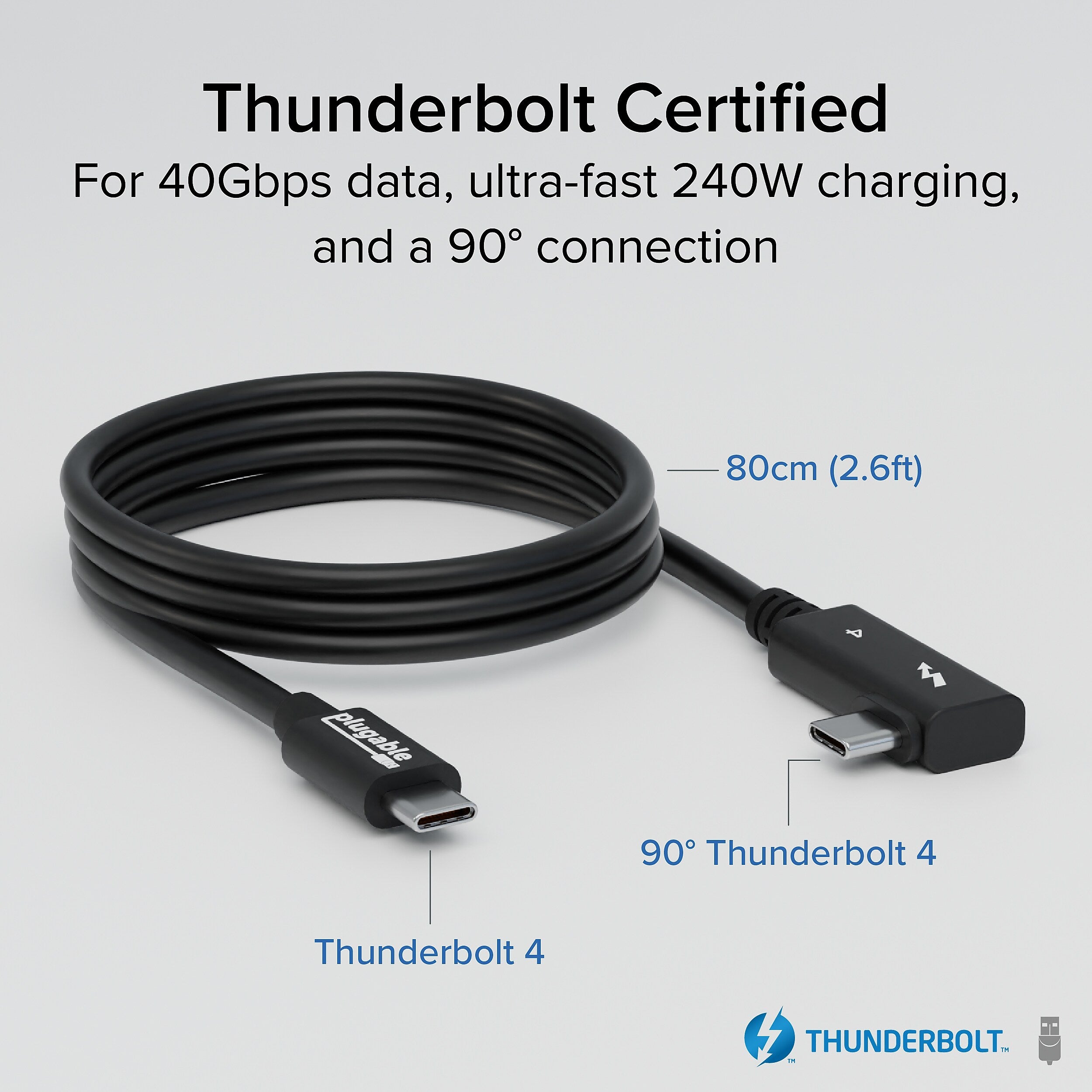 Plugable Thunderbolt 4 240W EPR Cable with Right Angle Connector, Black (TBT4-240W-80CMR)