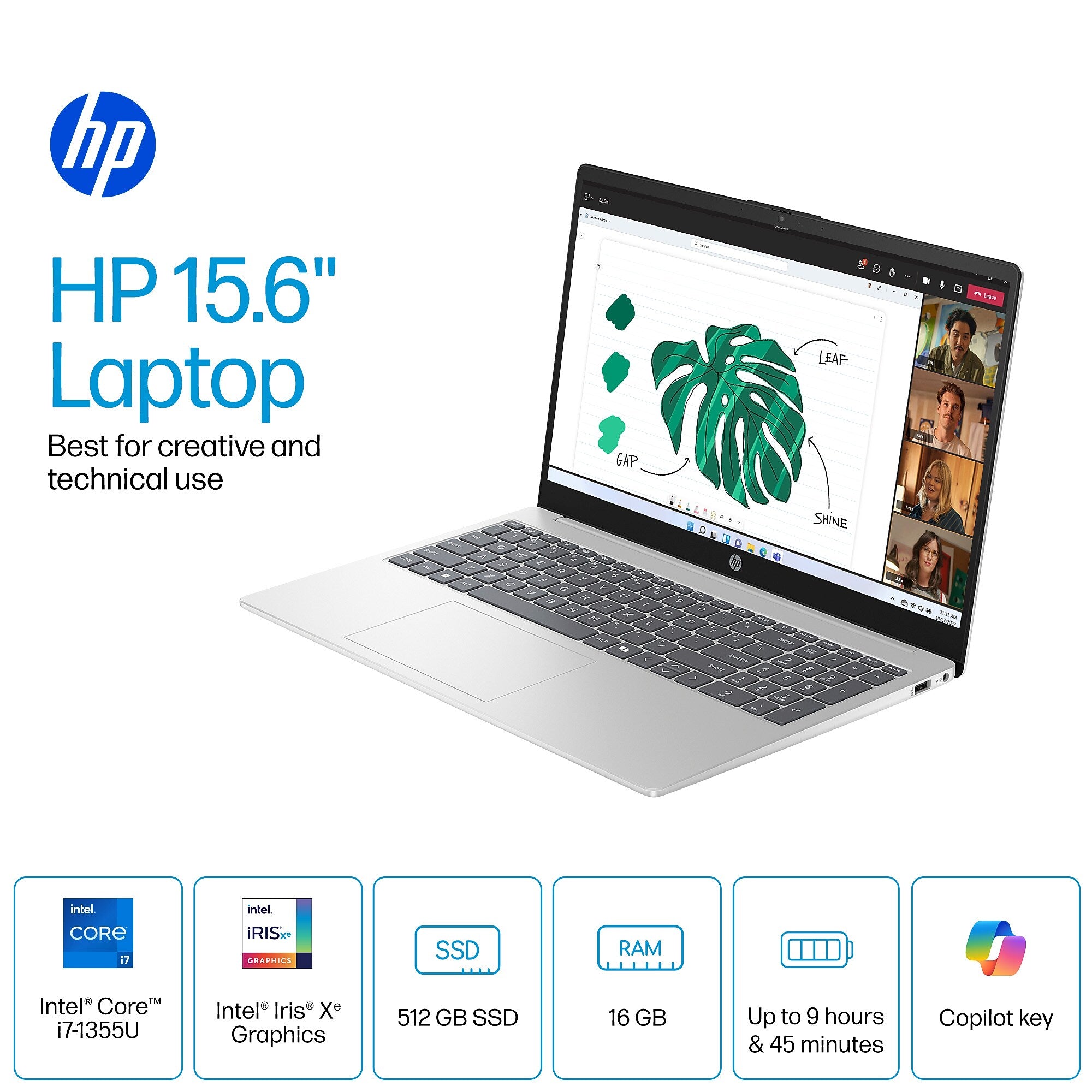 HP 15.6" FHD Laptop, Intel Core i7-1355U, 16GB RAM, 512GB SSD, Backlit Keyboard, +9.75 hours battery, Windows 11